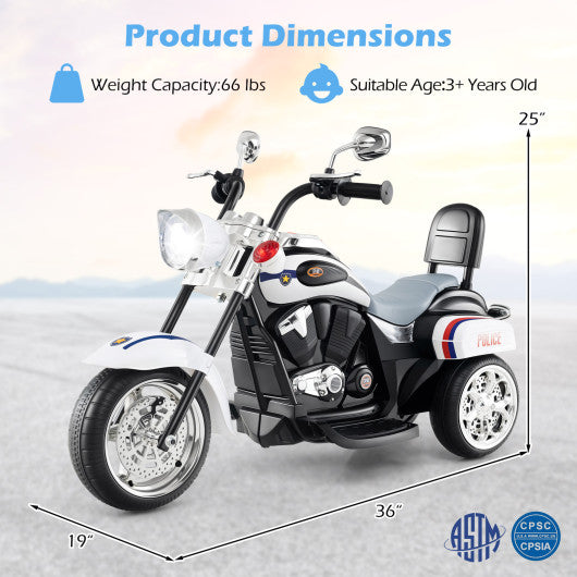 6V Powered Toddler 3-Wheel Motorbike Ride On Toy with Horn and Headlight-Black and White