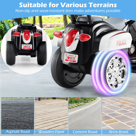 6V Powered Toddler 3-Wheel Motorbike Ride On Toy with Horn and Headlight-Black and White