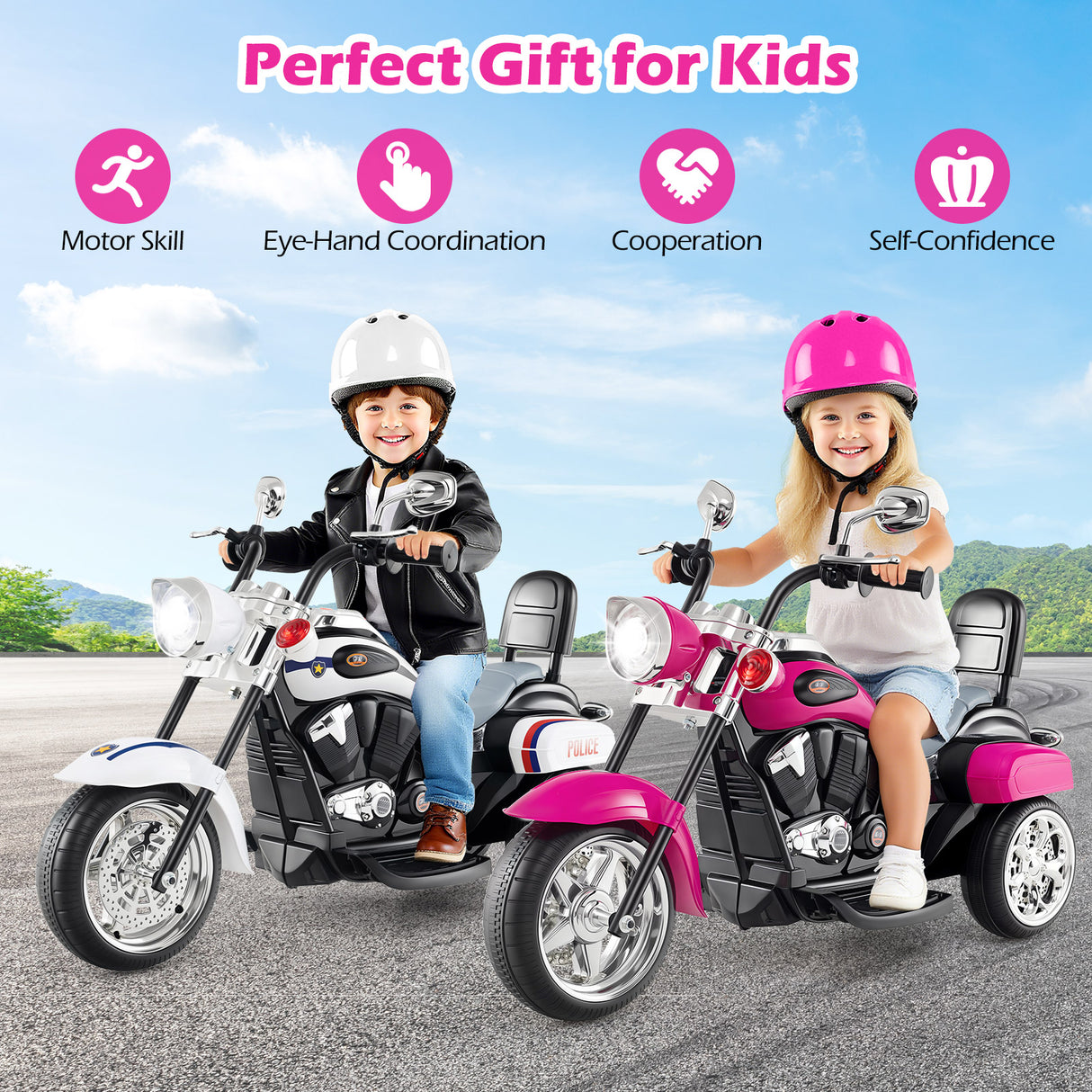 6V Powered Toddler 3-Wheel Motorbike Ride On Toy with Horn and Headlight-Black and White