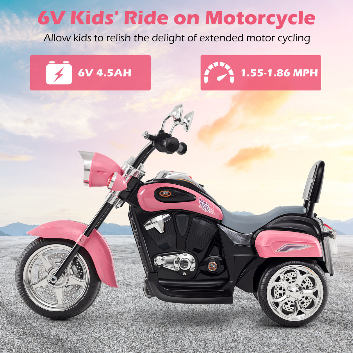 6V Powered Toddler 3-Wheel Motorbike Ride On Toy with Horn and Headlight-Heart Pink