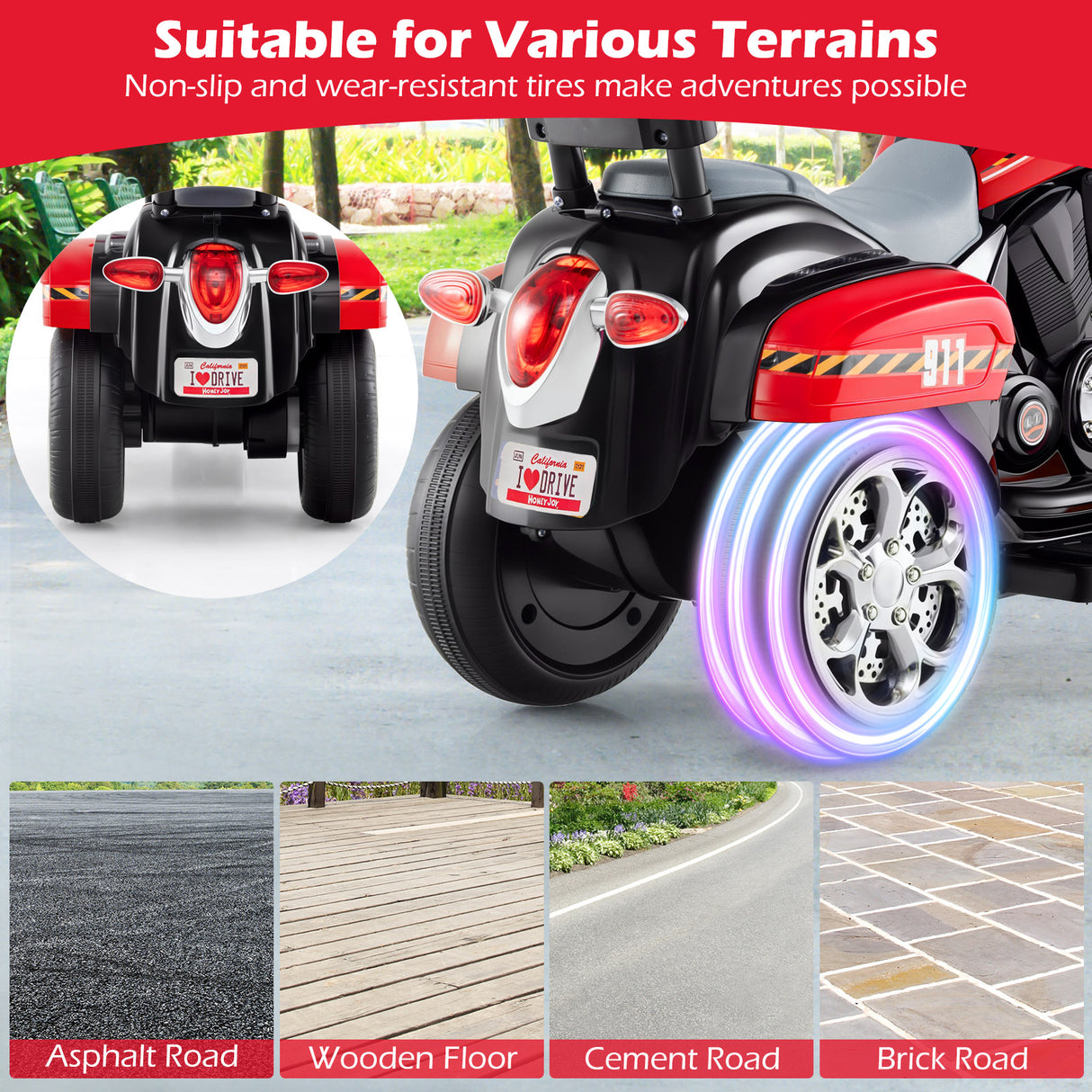 6V Powered Toddler 3-Wheel Motorbike Ride On Toy with Horn and Headlight-Black & Red