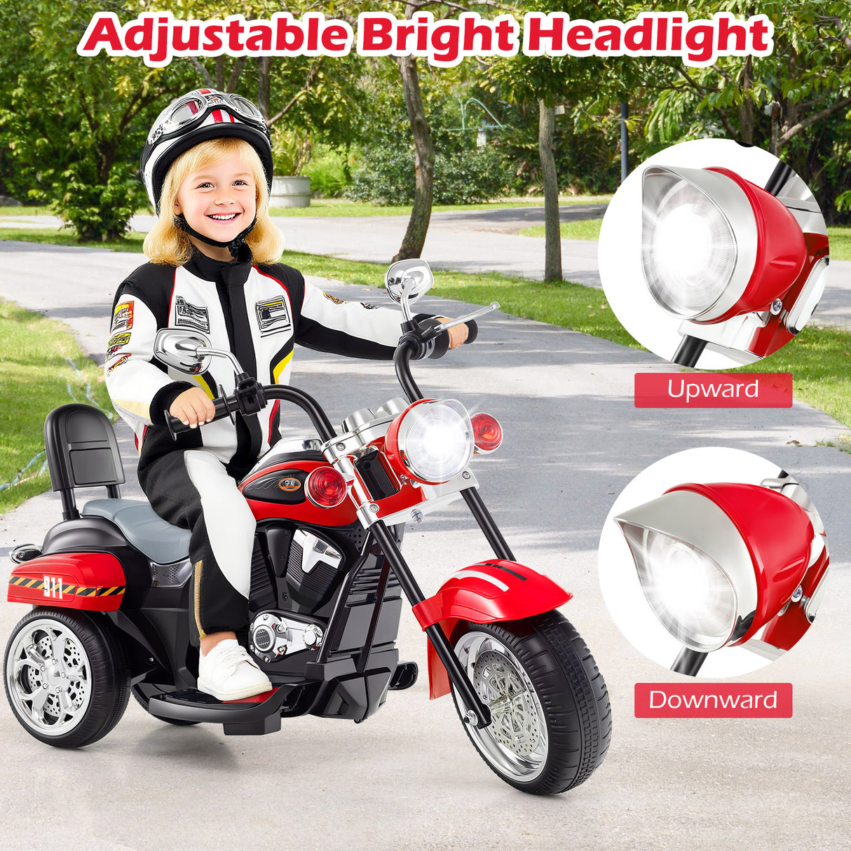 6V Powered Toddler 3-Wheel Motorbike Ride On Toy with Horn and Headlight-Black & Red