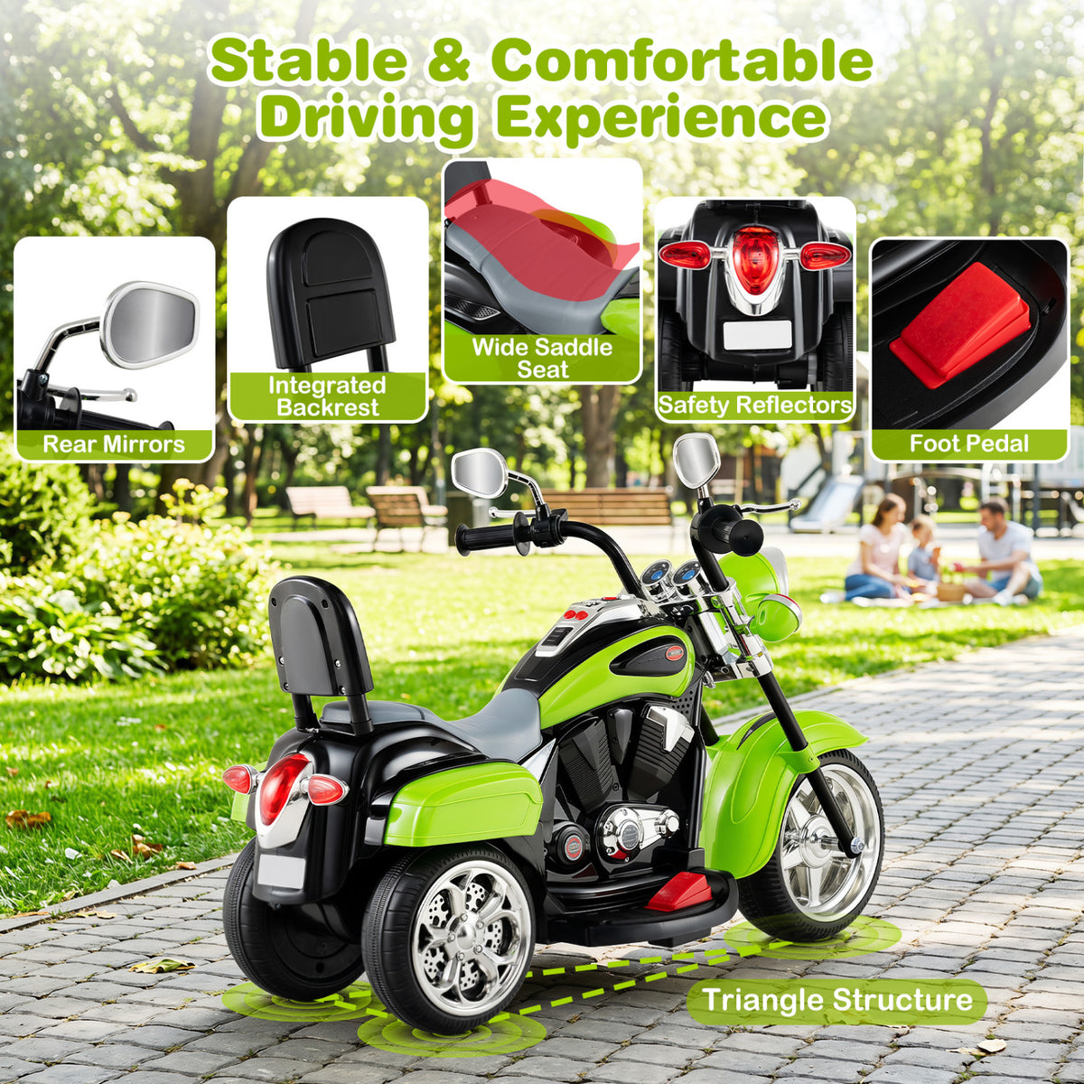 6V Powered Toddler 3-Wheel Motorbike Ride On Toy with Horn and Headlight-Green