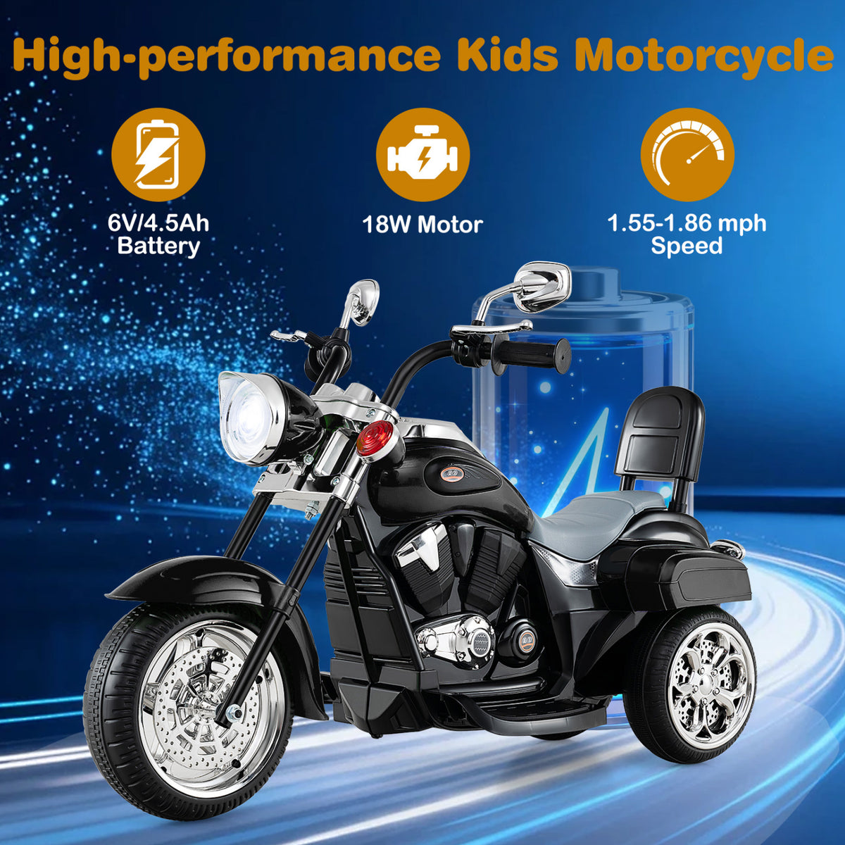 6V Powered Toddler 3-Wheel Motorbike Ride On Toy with Horn and Headlight-Black