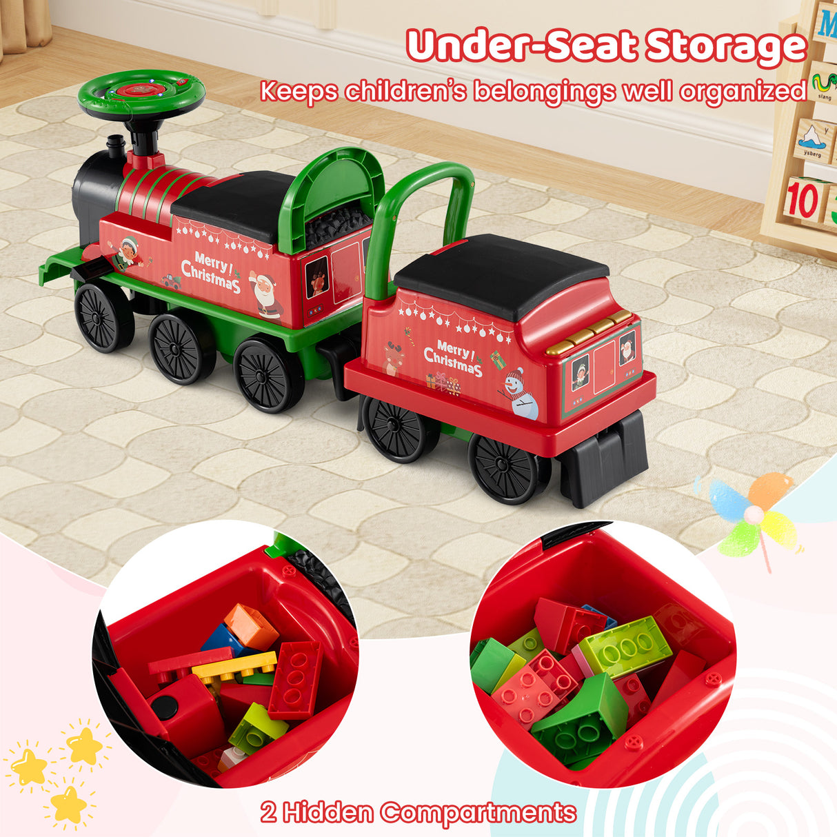 6V Ride on Train 2-Seater with Carriage and Flashing LED Lights-Green