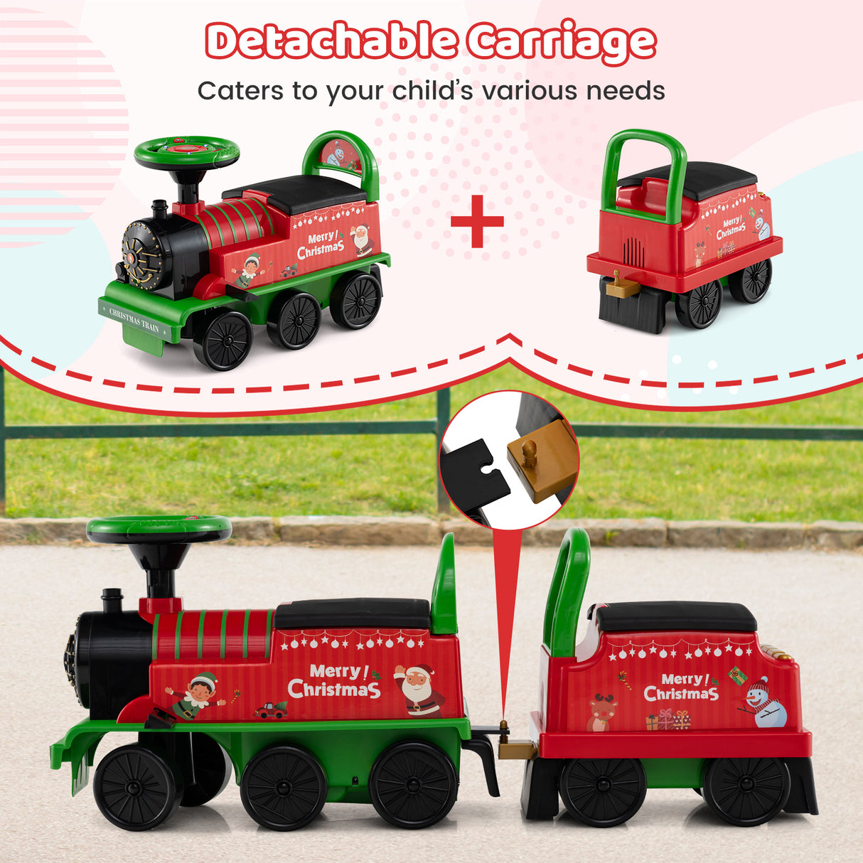 6V Ride on Train 2-Seater with Carriage and Flashing LED Lights-Green