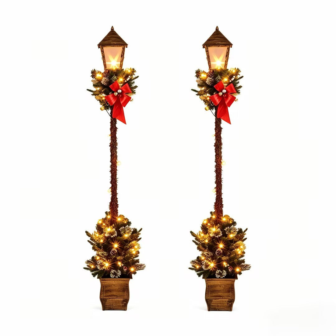 6.1 Feet Christmas Pre-lit Street Lamp Set of 2 with Artificial Greenery and Snow-flocked Branch Tips-Yellow