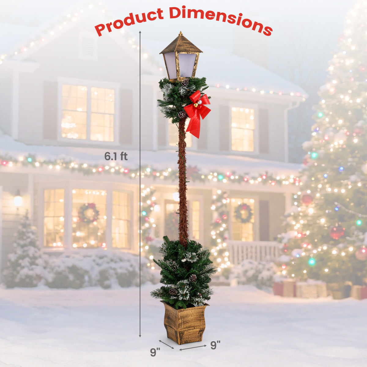 6.1 Feet Christmas Pre-lit Street Lamp Set of 2 with Artificial Greenery and Snow-flocked Branch Tips-Yellow