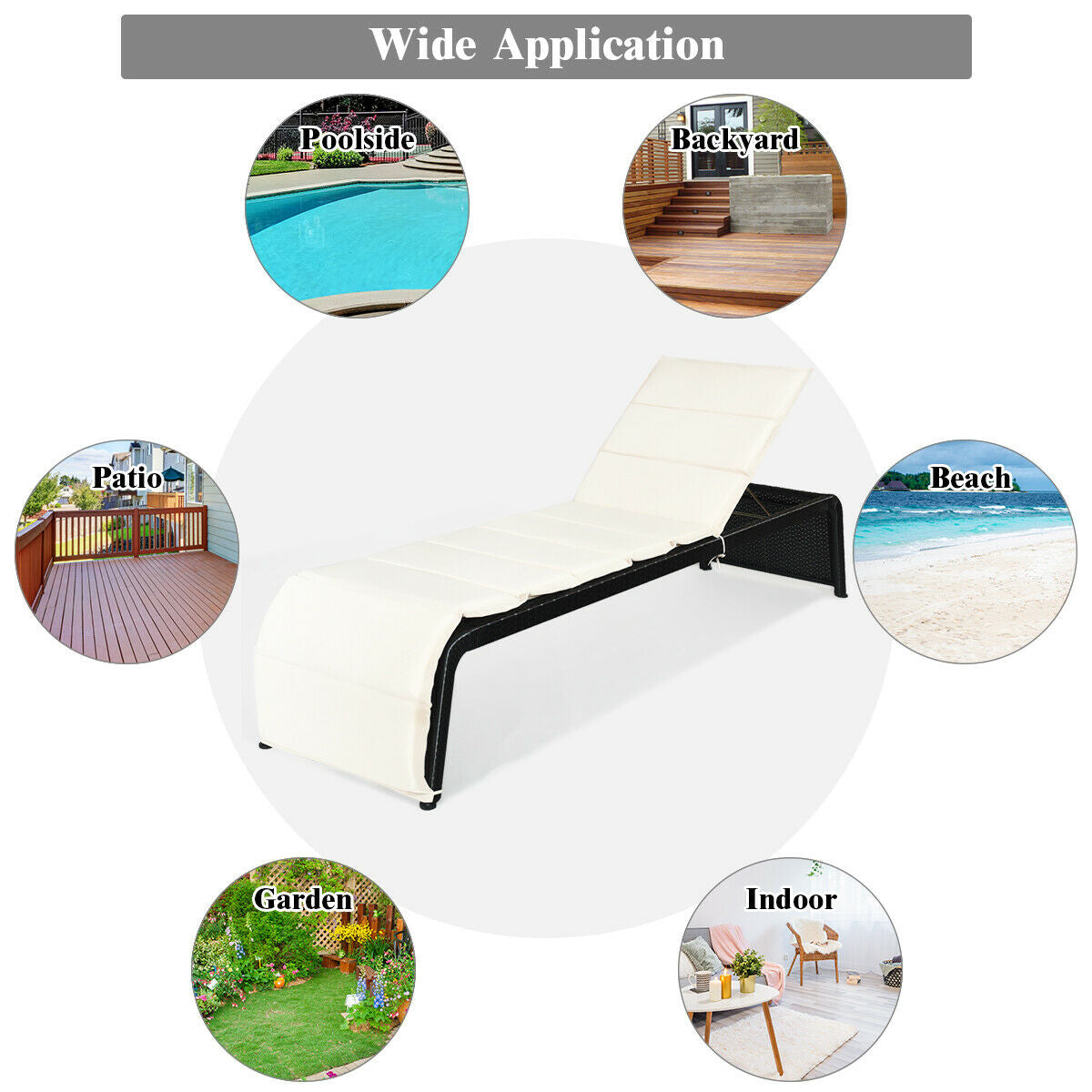 Patio Rattan Lounge Chair Back Adjustable Chaise Recliner with Cushioned-White