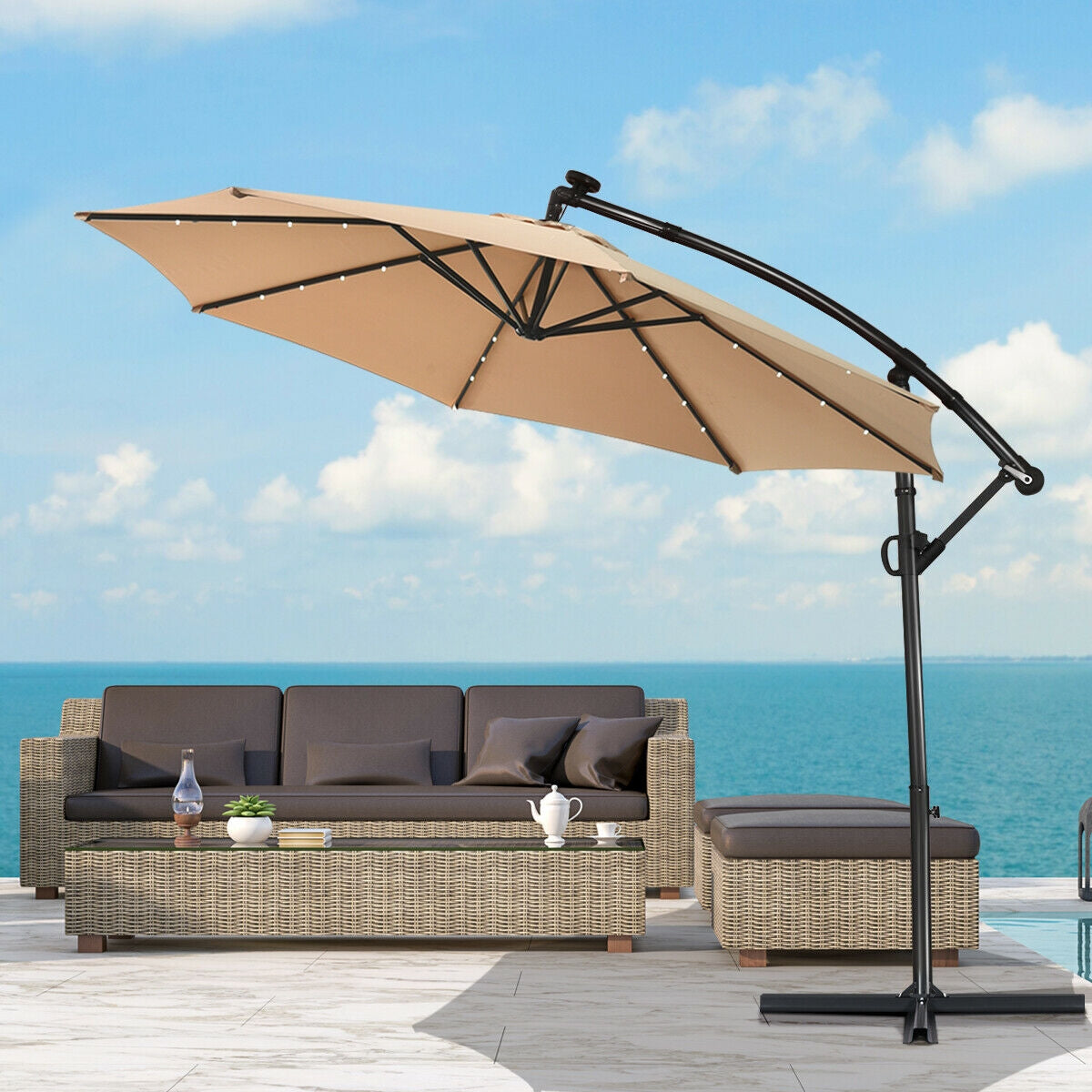 10 ft 360 ° Rotation Solar Powered LED Patio Offset Umbrella without Weight Base-Beige