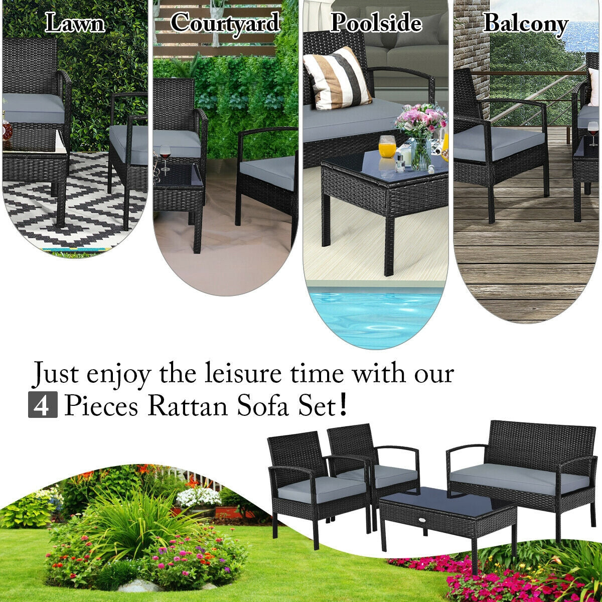 4 Pieces Patio Rattan Cushioned Furniture Set with Loveseat and Table -Brown