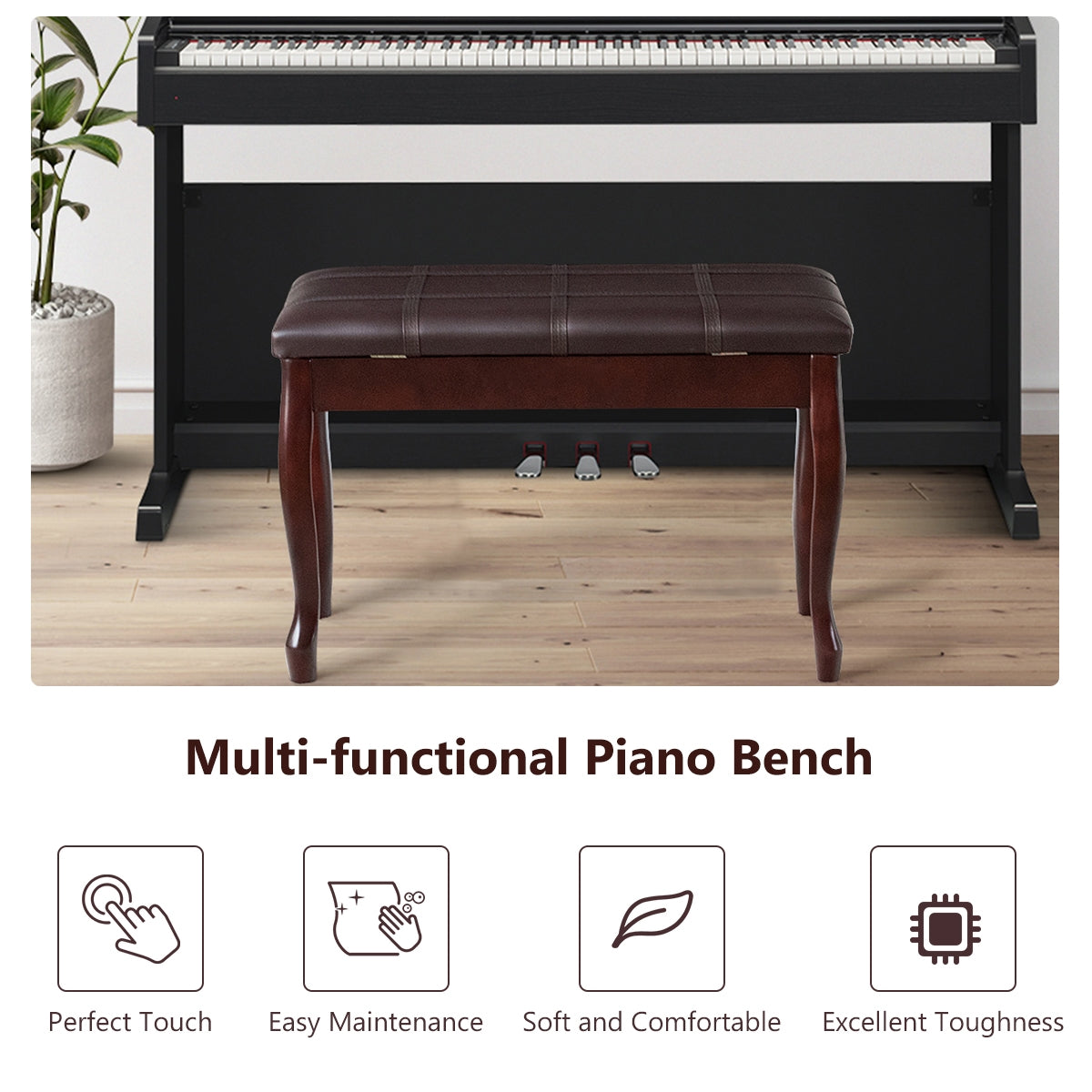 Solid Wood PU Leather Piano Bench with Storage-Black