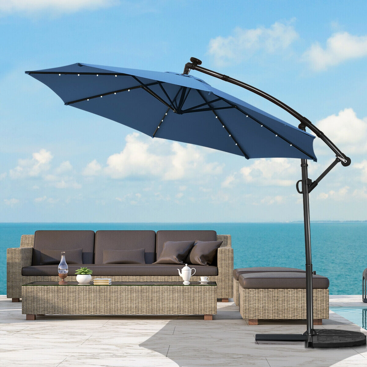 10 ft 360 ° Rotation Solar Powered LED Patio Offset Umbrella without Weight Base-Beige