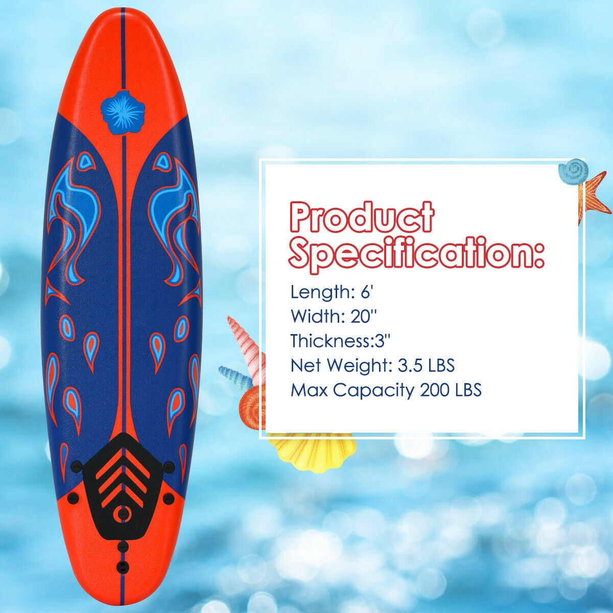 6 Feet Surfboard with 3 Detachable Fins-White