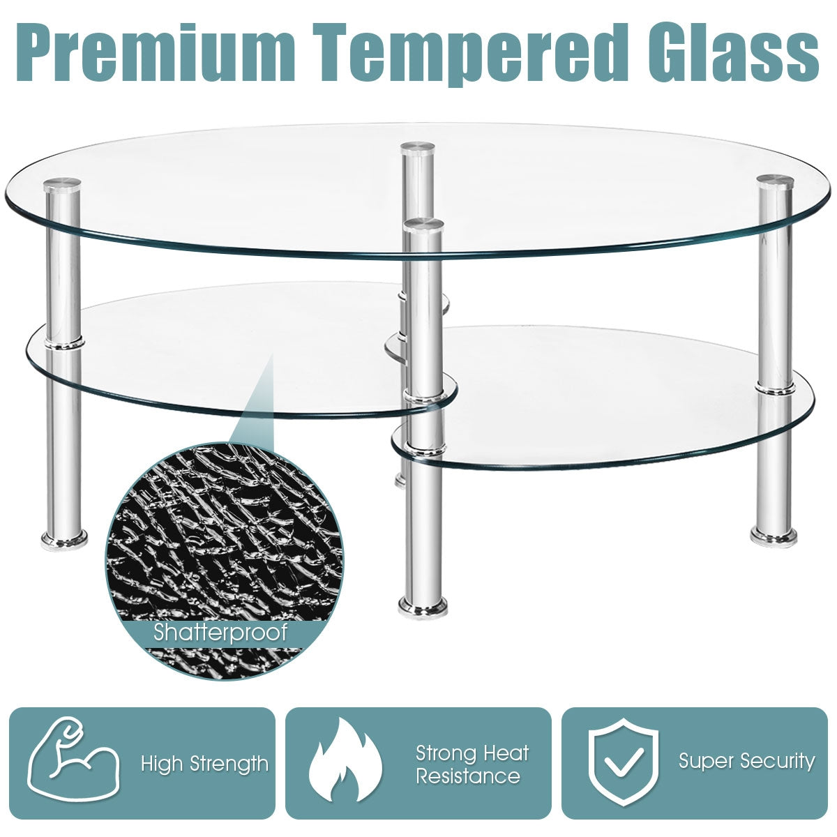 Tempered Glass Oval Side Coffee Table-Black