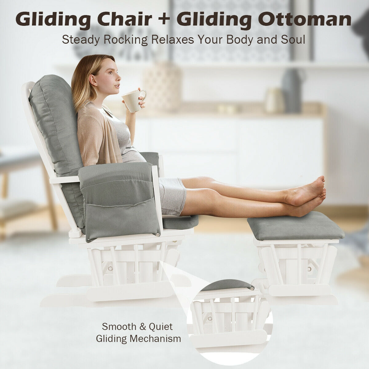 Wood Glider and Ottoman Set with Padded Armrests and Detachable Cushion-Brown