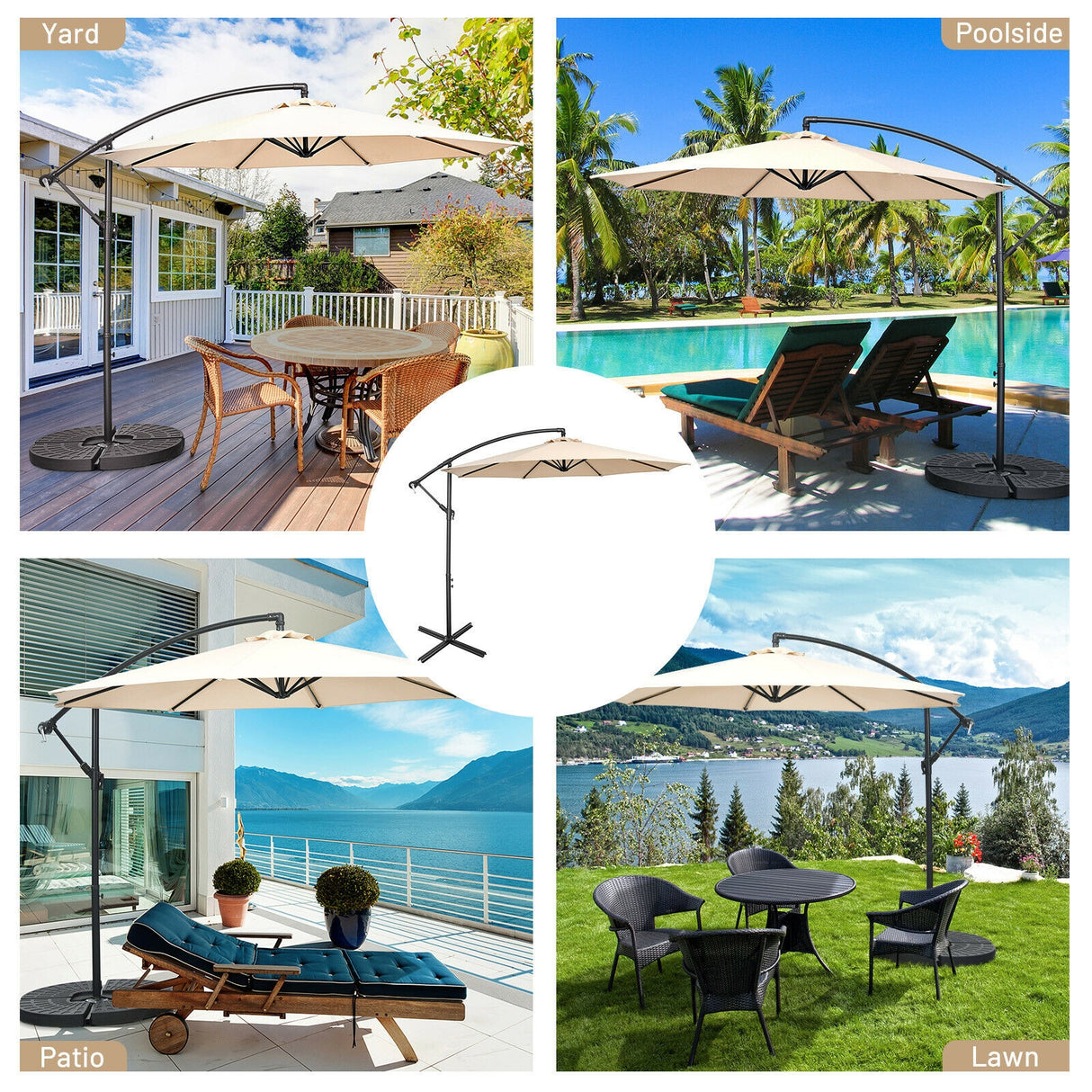 10 Feet Offset Umbrella with 8 Ribs Cantilever and Cross Base-Brown