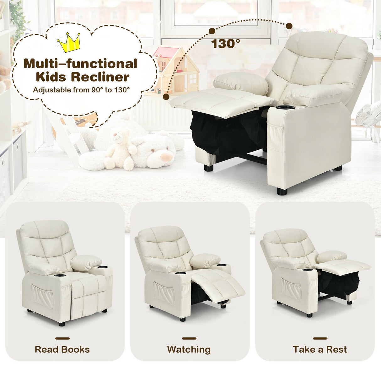 Kids Recliner Chair with Cup Holder and Footrest for Children-Blue