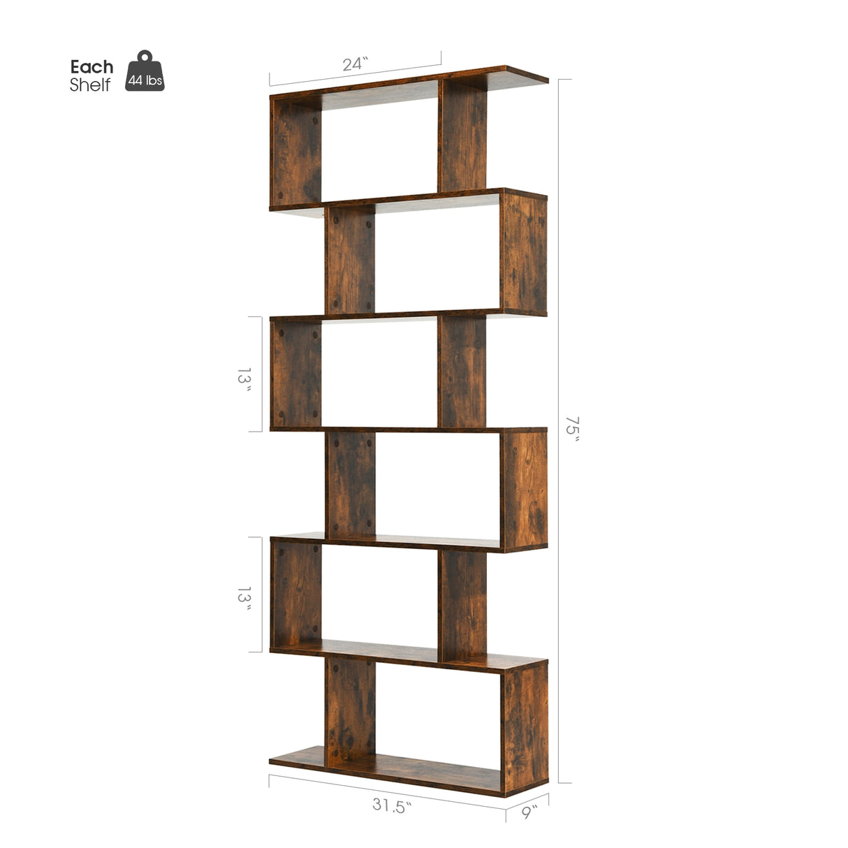 6 Tier S-Shaped Bookshelf Storage Display Bookcase Decor Z-Shelf -Black