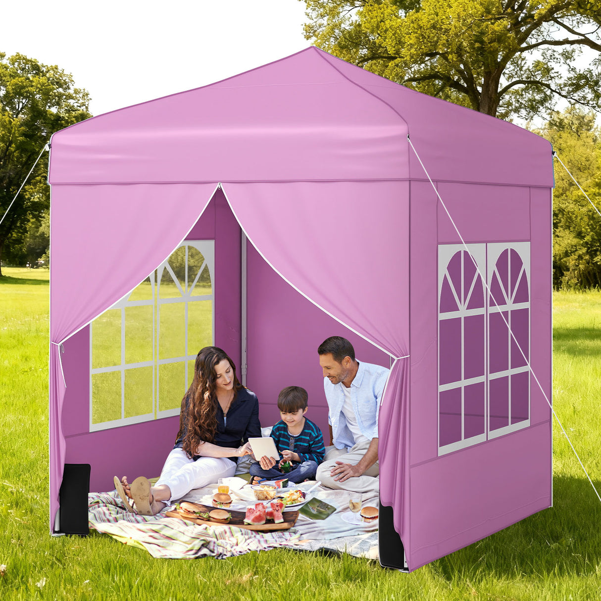 6.5 x 6.5 FT Pop up Canopy Tent with 4 Sidewalls and Wheeled Bag-Pink