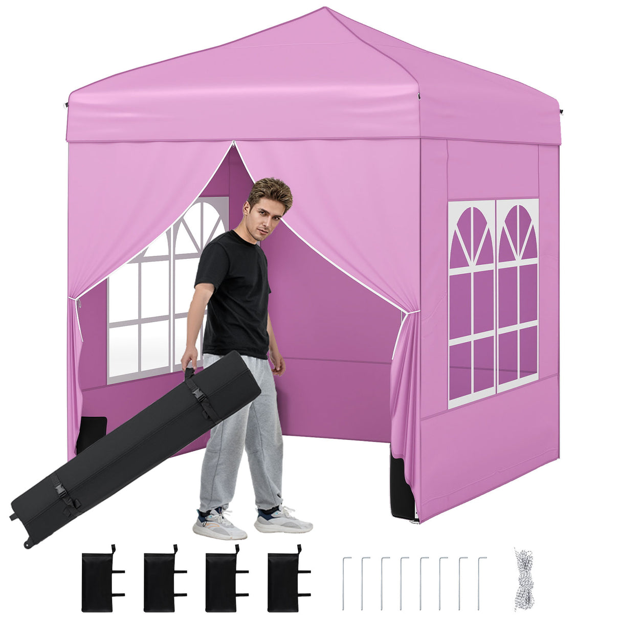 6.5 x 6.5 FT Pop up Canopy Tent with 4 Sidewalls and Wheeled Bag-Pink