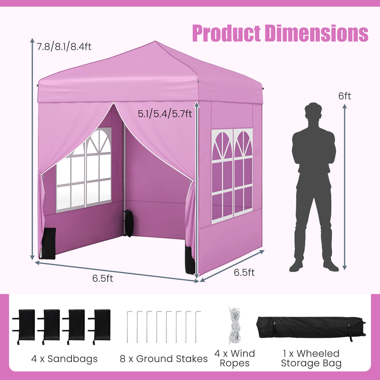 6.5 x 6.5 FT Pop up Canopy Tent with 4 Sidewalls and Wheeled Bag-Pink