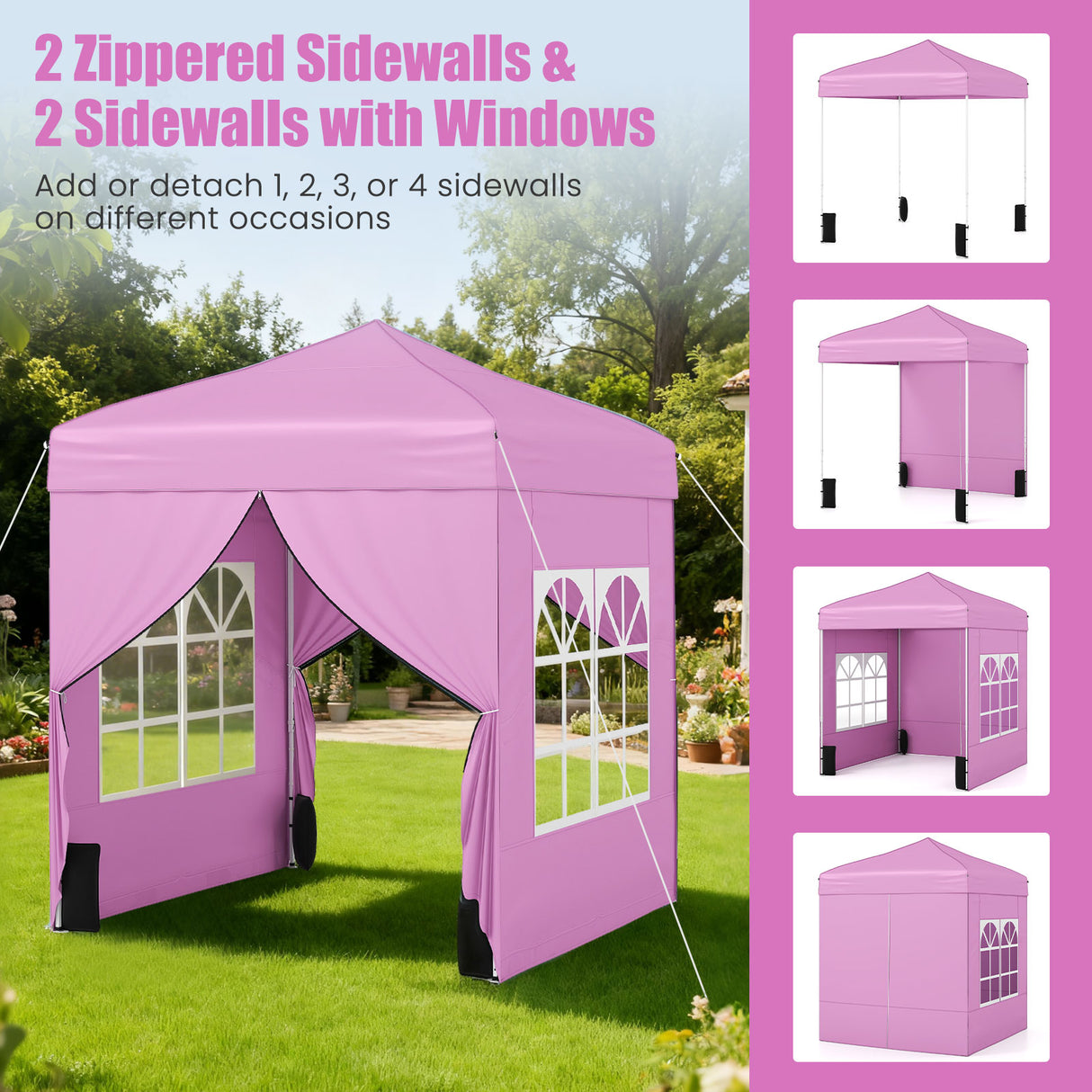 6.5 x 6.5 FT Pop up Canopy Tent with 4 Sidewalls and Wheeled Bag-Pink