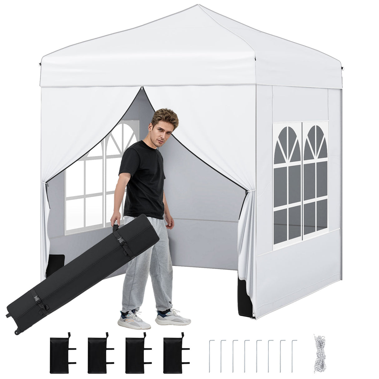 6.5 x 6.5 FT Pop up Canopy Tent with 4 Sidewalls and Wheeled Bag-white