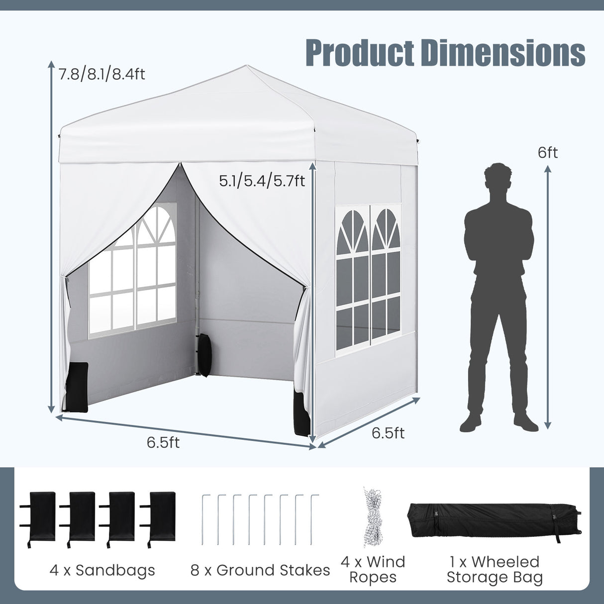 6.5 x 6.5 FT Pop up Canopy Tent with 4 Sidewalls and Wheeled Bag-white