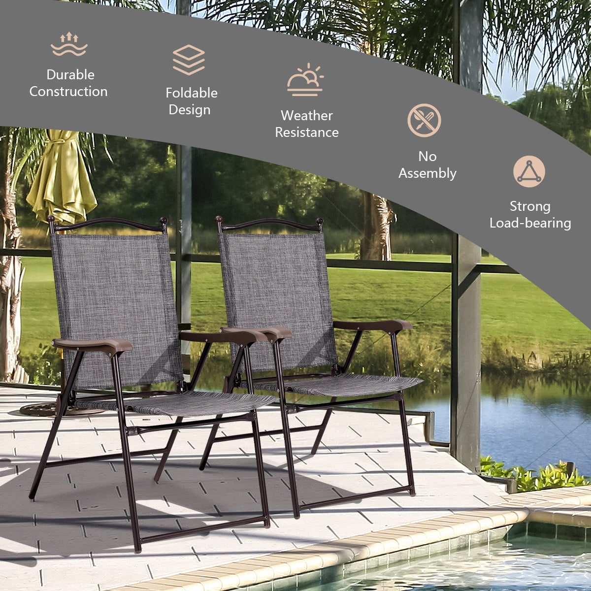 Set of 2 Patio Folding Sling Back Camping Deck Chairs-Black