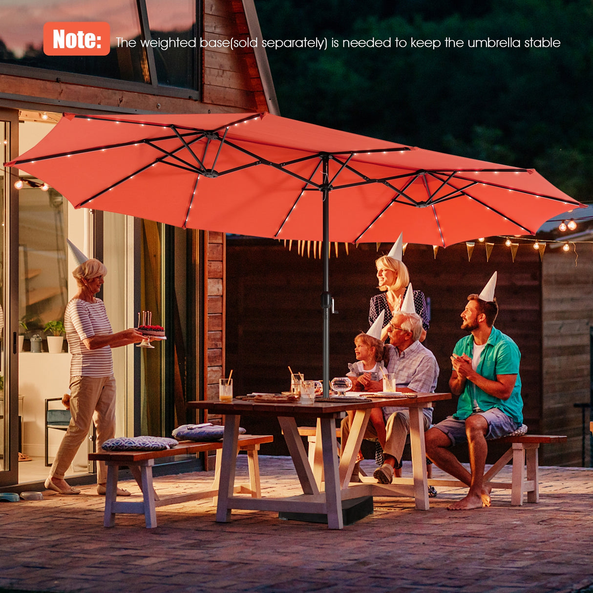 15 Feet Twin Patio Umbrella with 48 Solar LED Lights-Beige