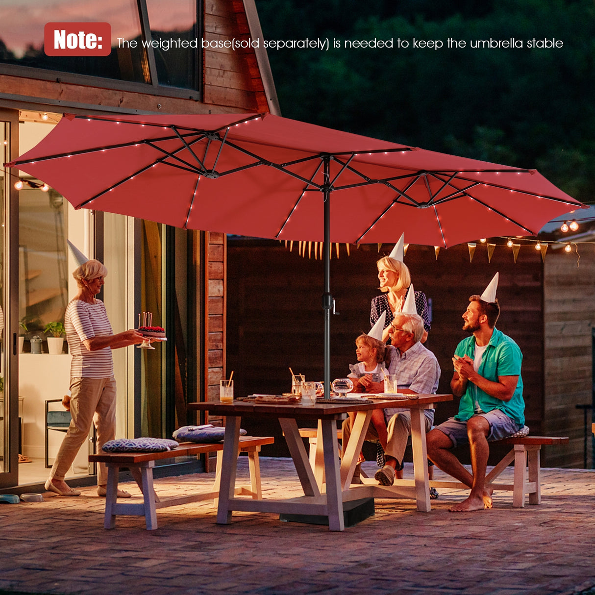 15 Feet Twin Patio Umbrella with 48 Solar LED Lights-Beige