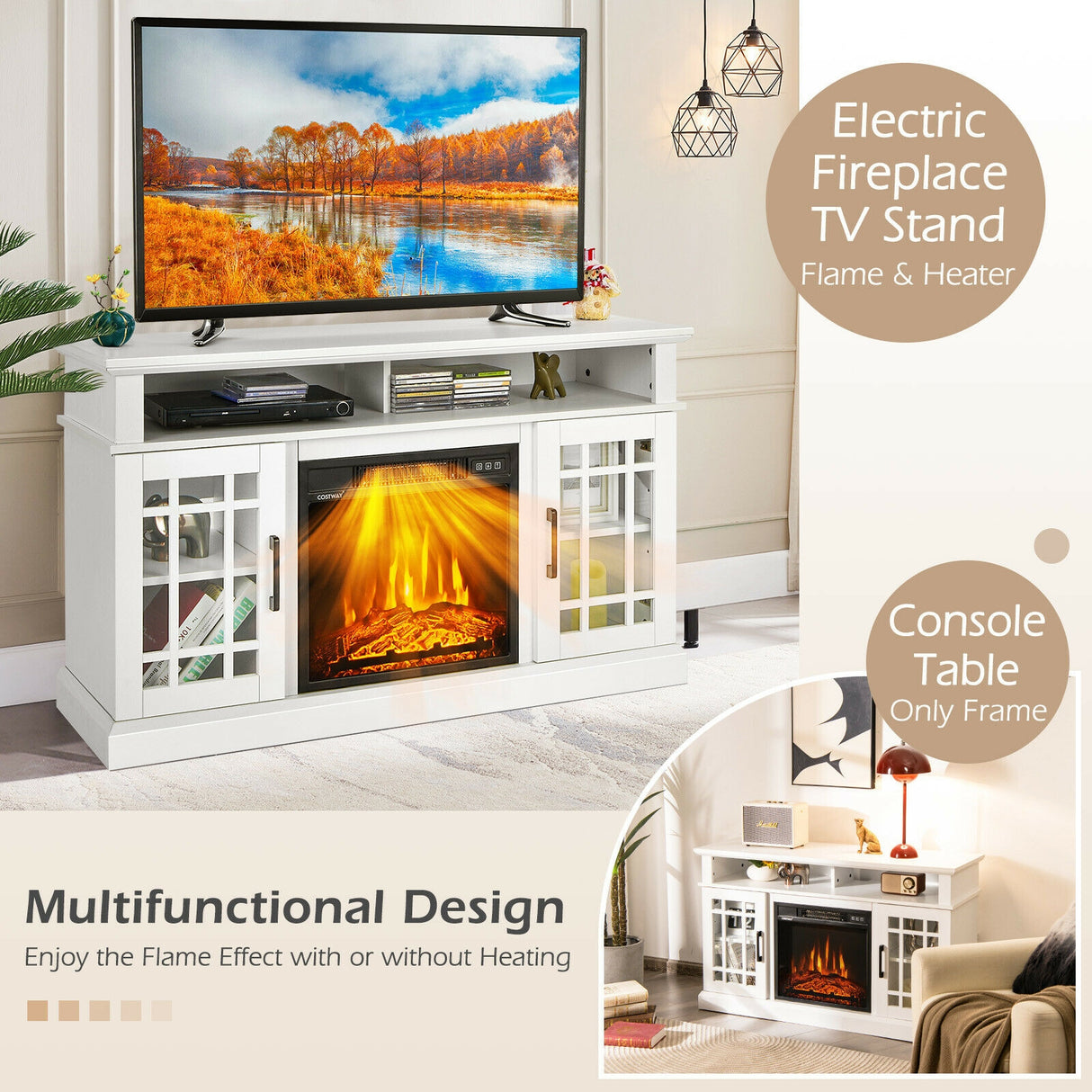 48 Inch Electric Fireplace TV Stand with Cabinets for TVs Up to 55 Inch-Black