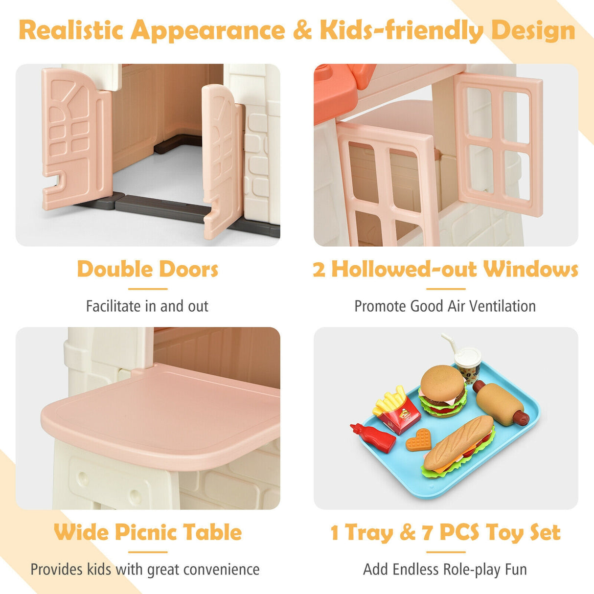Kid ™s Playhouse Pretend Toy House For Boys and Girls 7 Pieces Toy Set-Pink