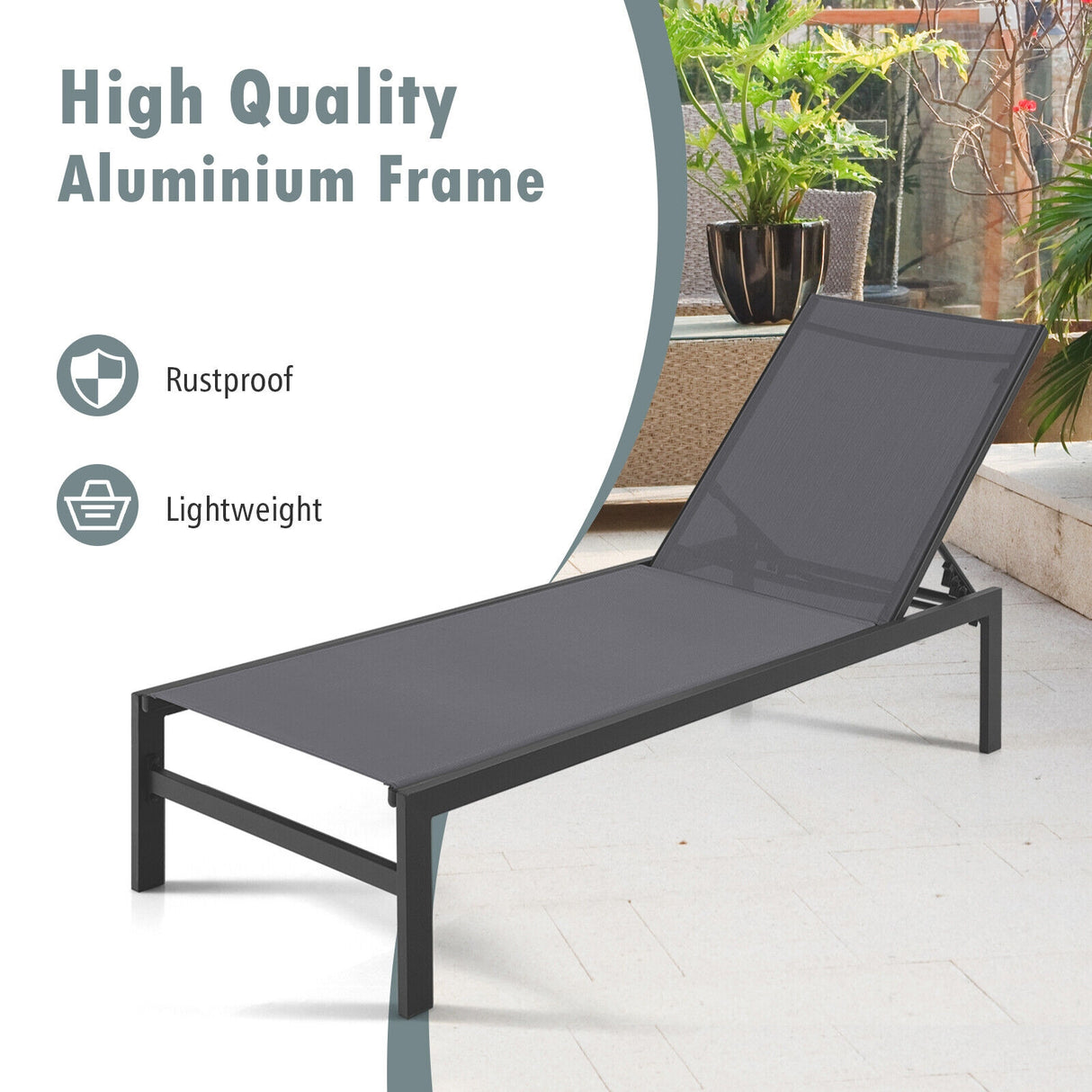 6-Position Chaise Lounge Chairs with Rustproof Aluminium Frame-Black
