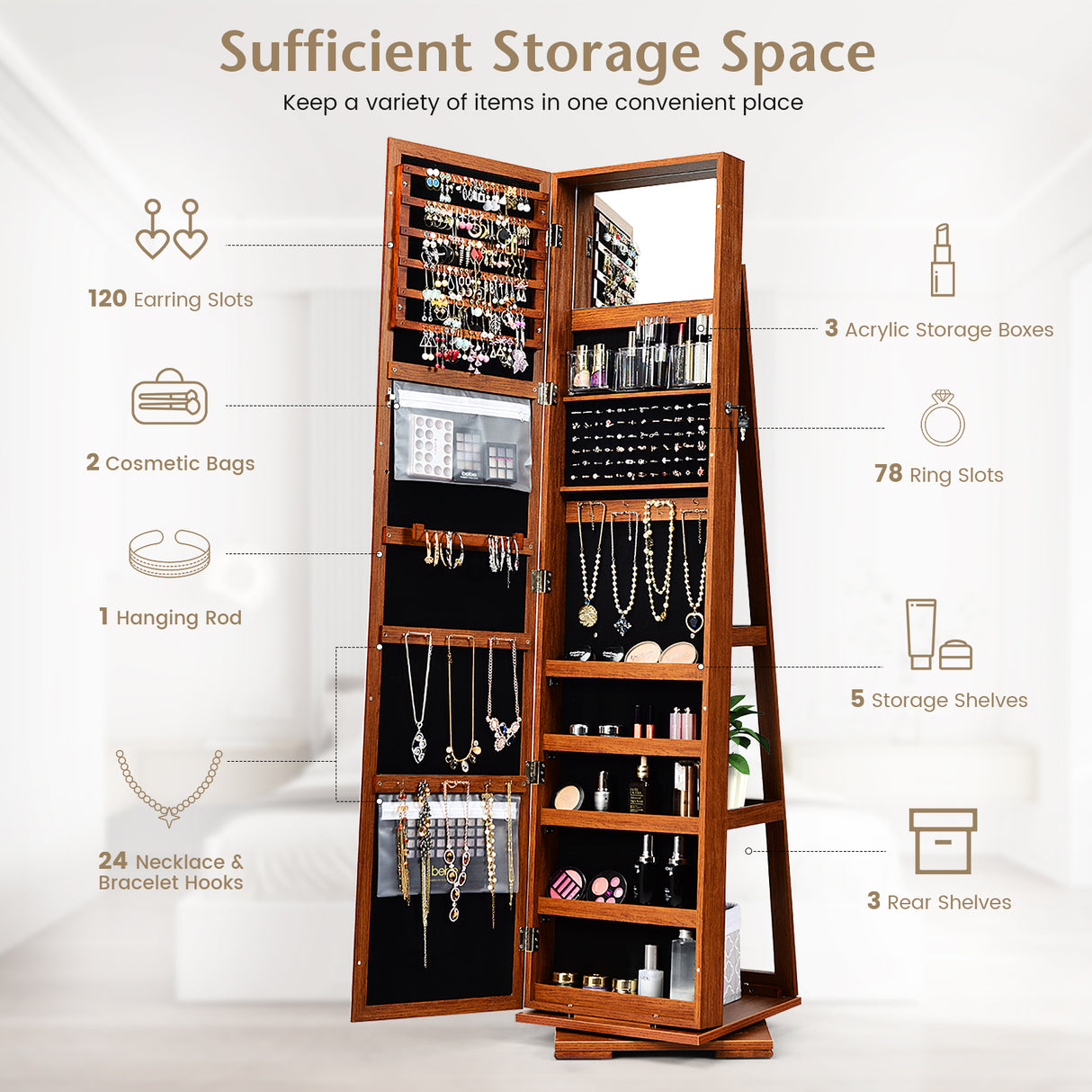 360 ° Rotatable 2-in-1 Lockable Jewelry Cabinet with Full-Length Mirror-Brown