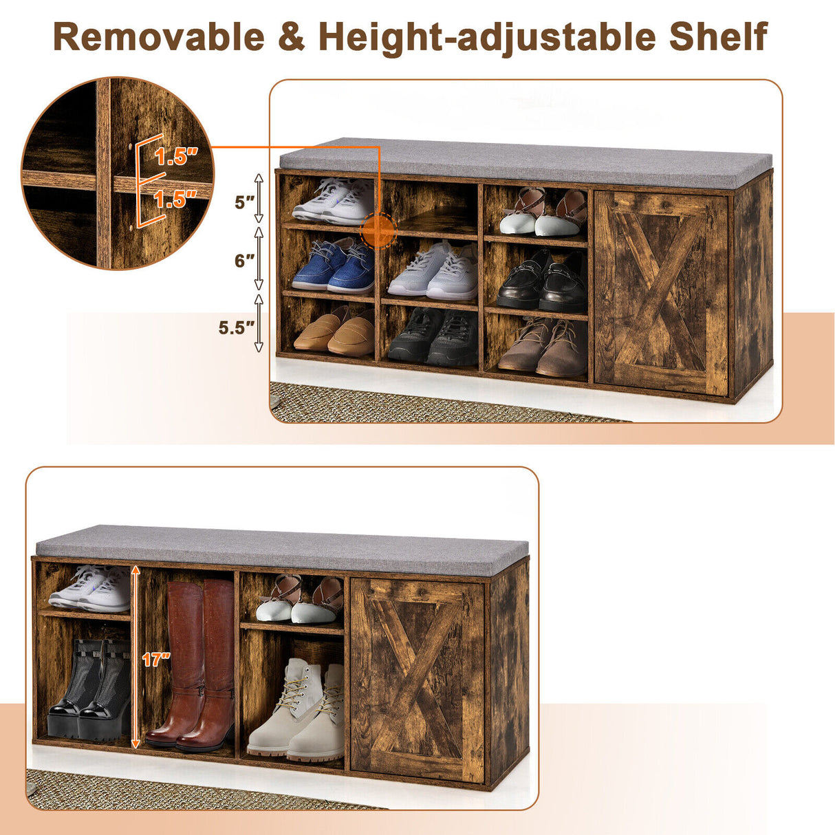 9-cube Adjustable Storage Shoe Bench with Padded Cushion-Rustic Brown