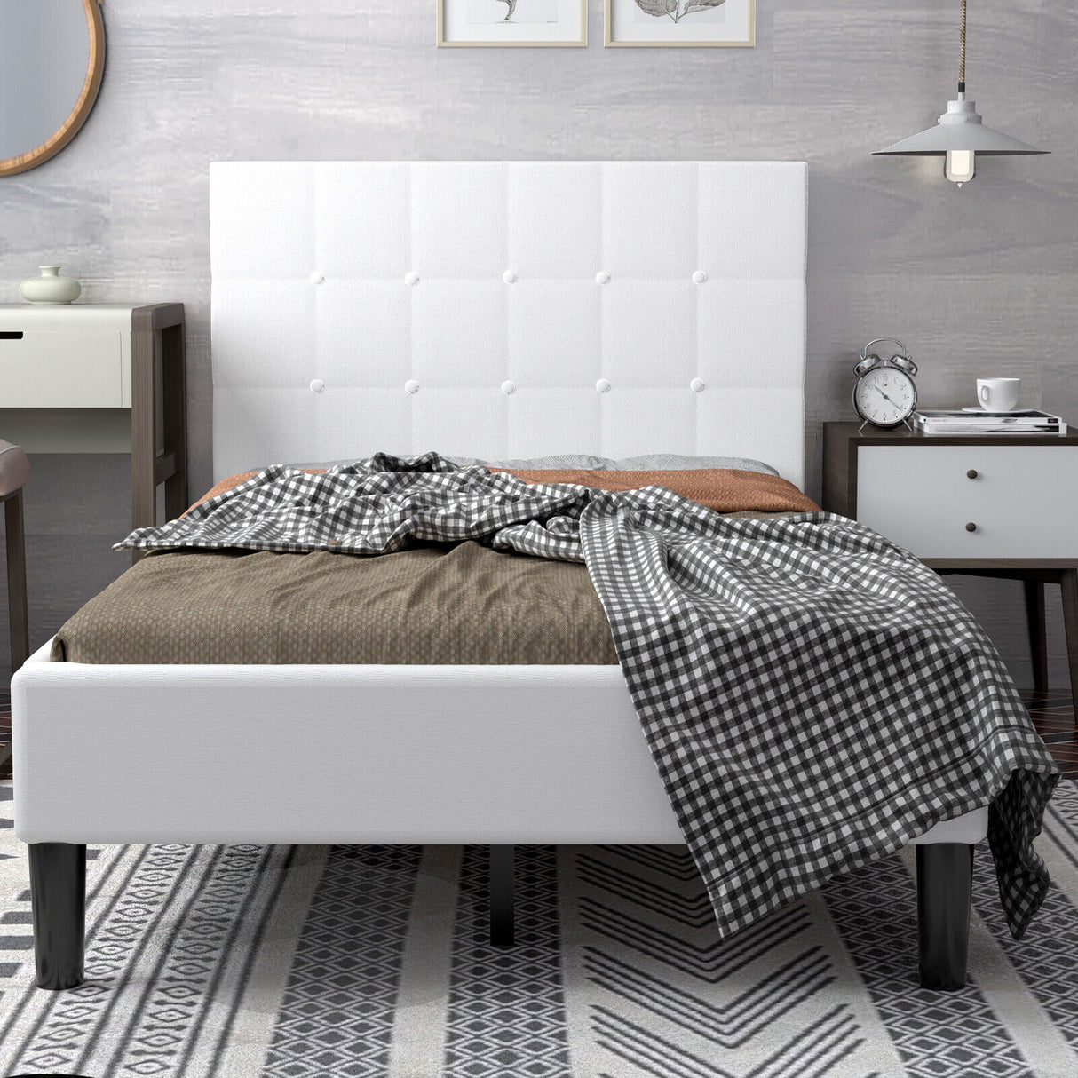 Platform Bed with Button Tufted Headboard-Gray