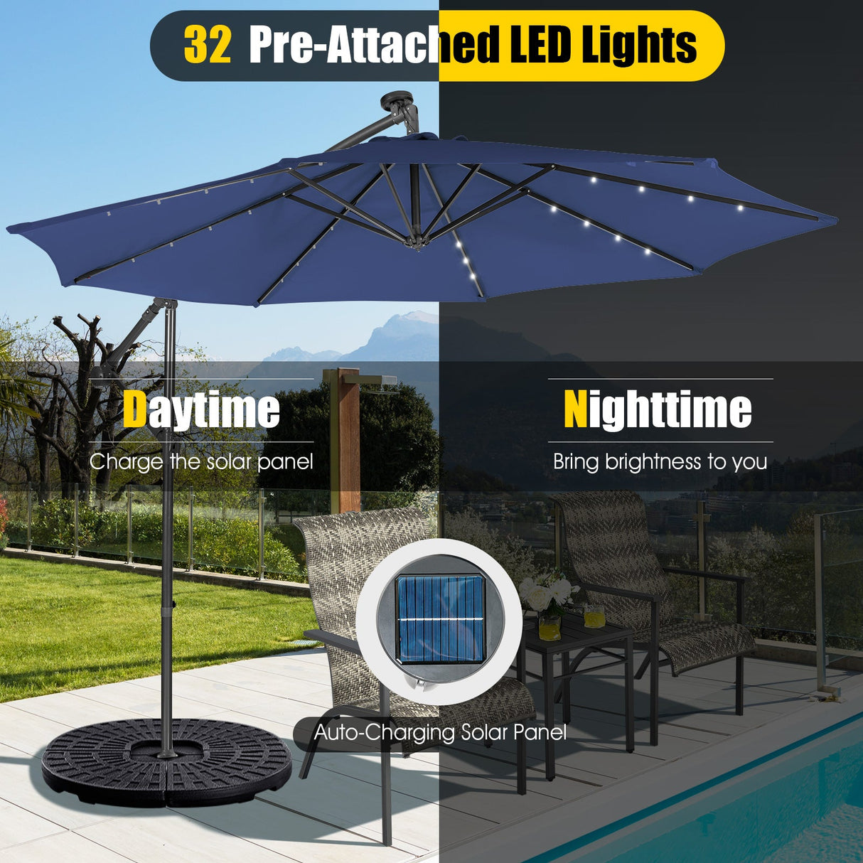 10 Feet Patio Solar Powered Cantilever Umbrella with Tilting System-Navy by DirectDeals