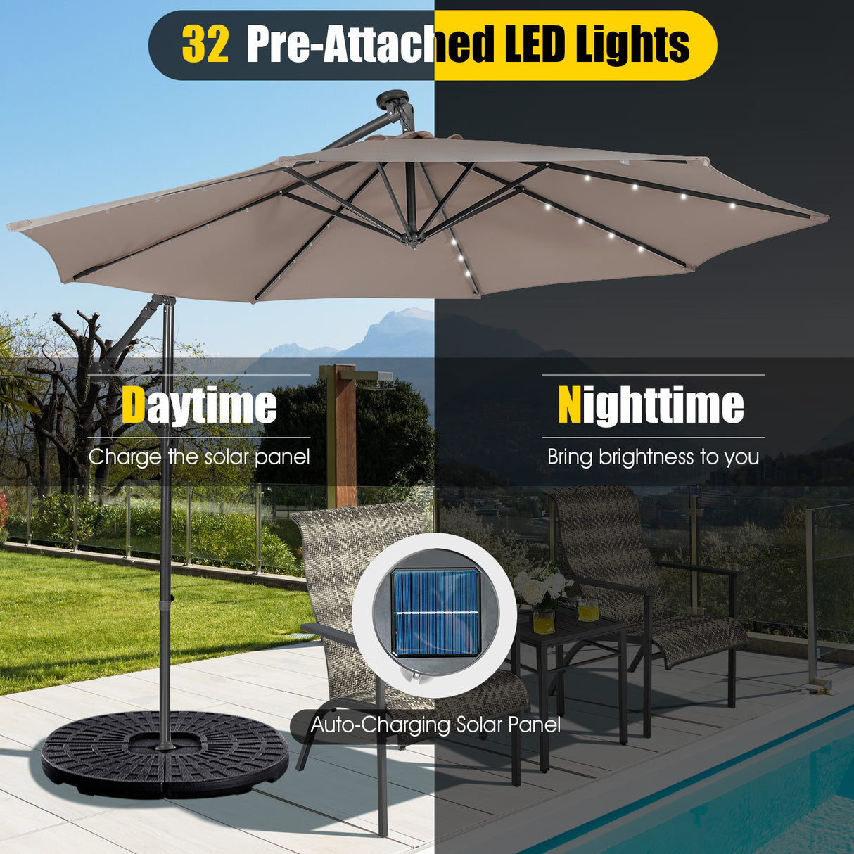 10 Feet Patio Solar Powered Cantilever Umbrella with Tilting System-Beige