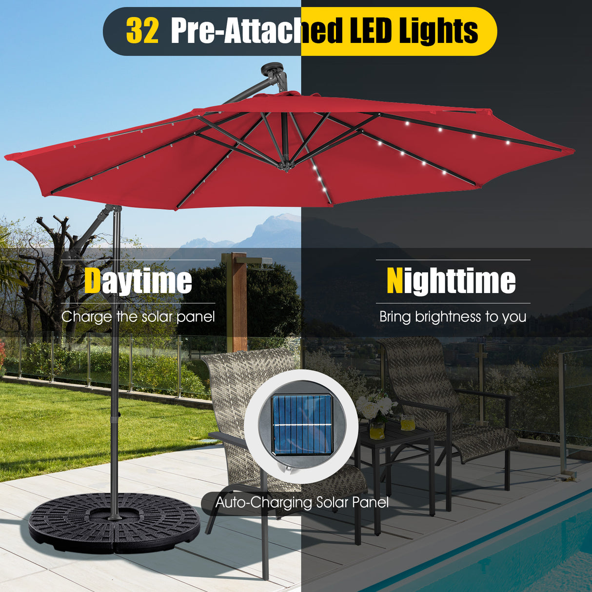 10 Feet Patio Solar Powered Cantilever Umbrella with Tilting System-Beige