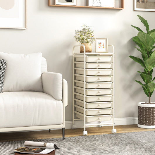 10 Drawer Rolling Storage Cart Organizer with 4 Universal Casters-White