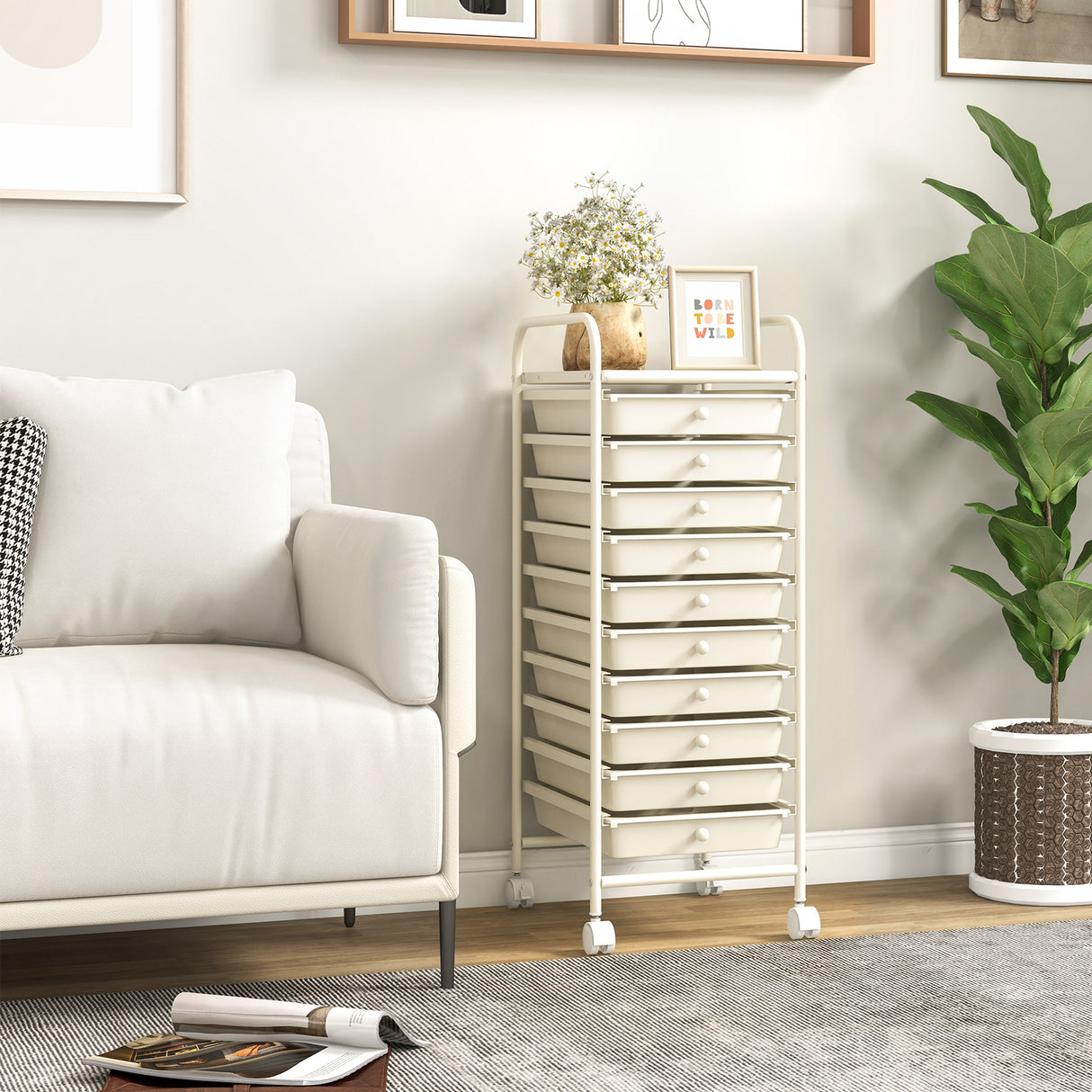 10 Drawer Rolling Storage Cart Organizer with 4 Universal Casters-White