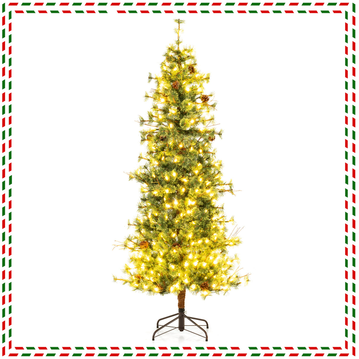 6/7/8 Feet Artificial Christmas Tree Pre-lit Hinged Xmas Tree with Warm White LED Lights and Pine Cones-7ft