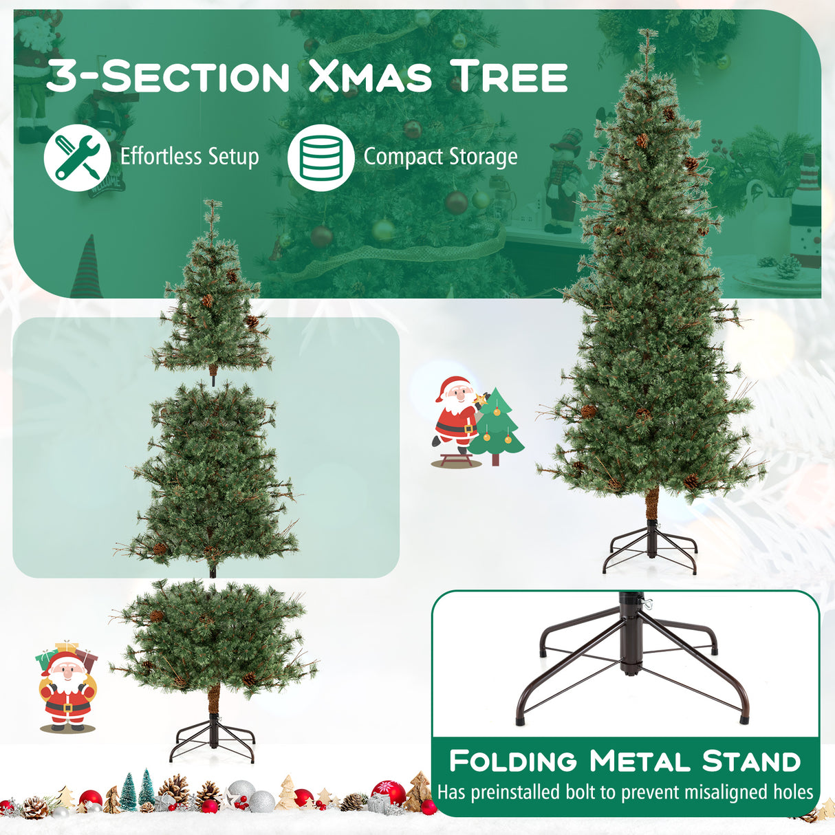 6/7/8 Feet Artificial Christmas Tree Pre-lit Hinged Xmas Tree with Warm White LED Lights and Pine Cones-7ft
