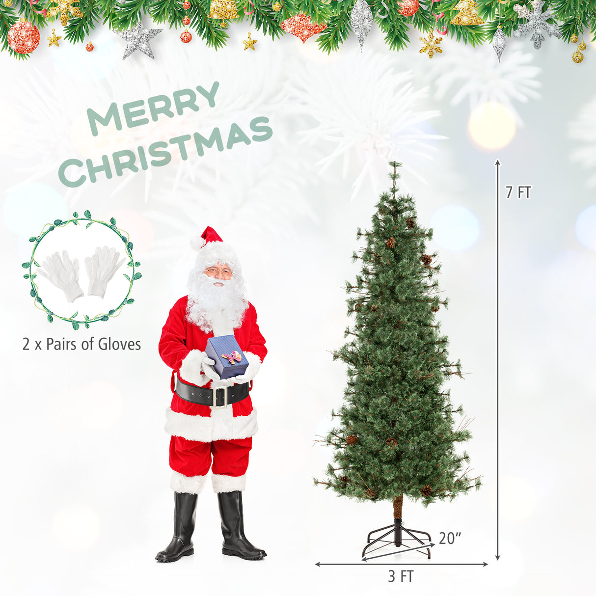 6/7/8 Feet Artificial Christmas Tree Pre-lit Hinged Xmas Tree with Warm White LED Lights and Pine Cones-7ft