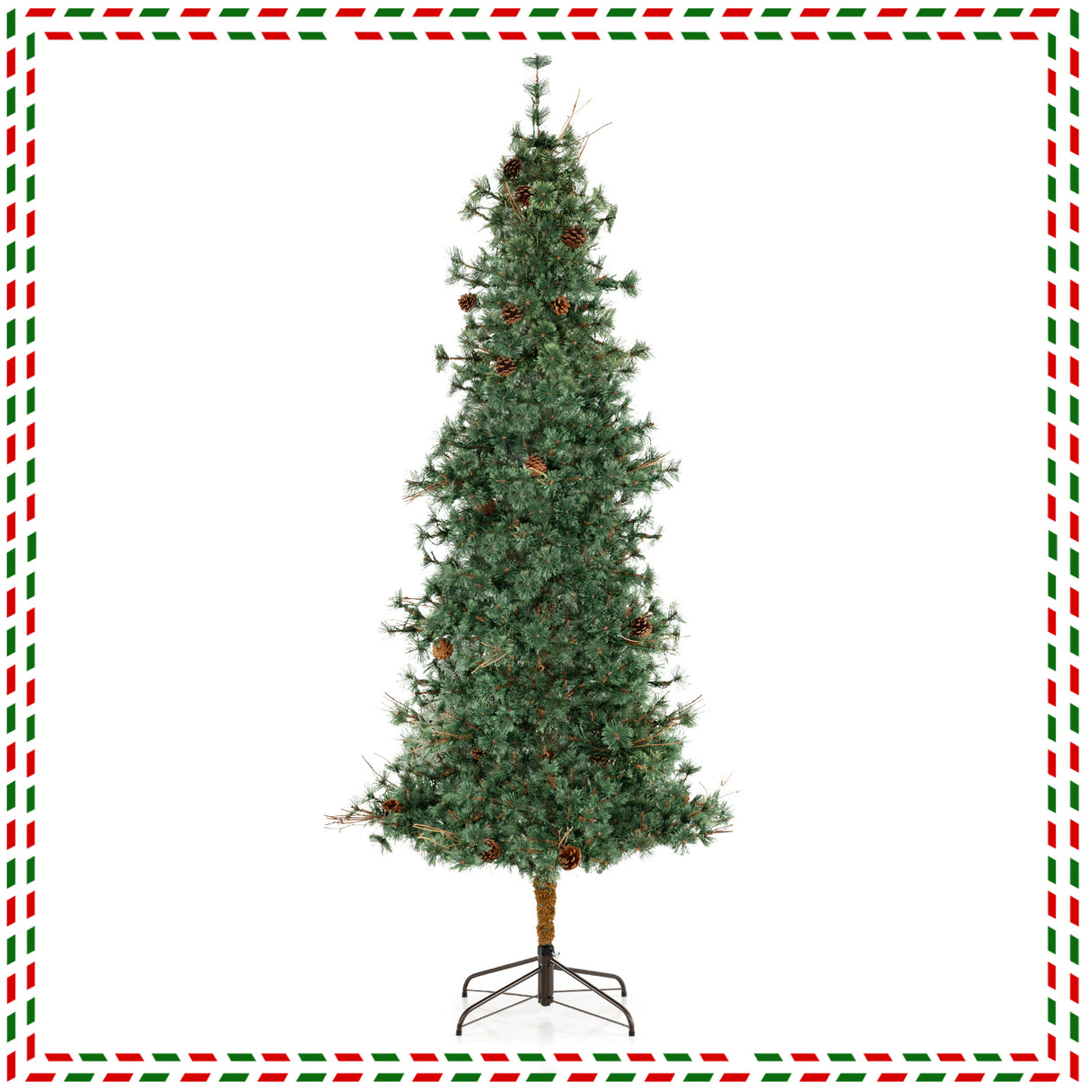 6/7/8 Feet Artificial Christmas Tree Pre-lit Hinged Xmas Tree with Warm White LED Lights and Pine Cones-8ft
