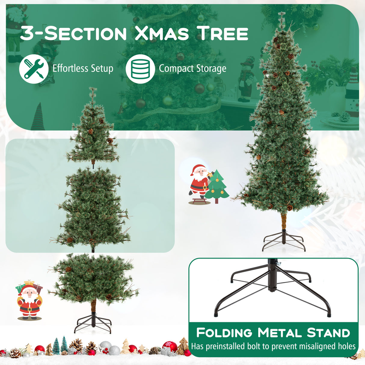 6/7/8 Feet Artificial Christmas Tree Pre-lit Hinged Xmas Tree with Warm White LED Lights and Pine Cones-8ft