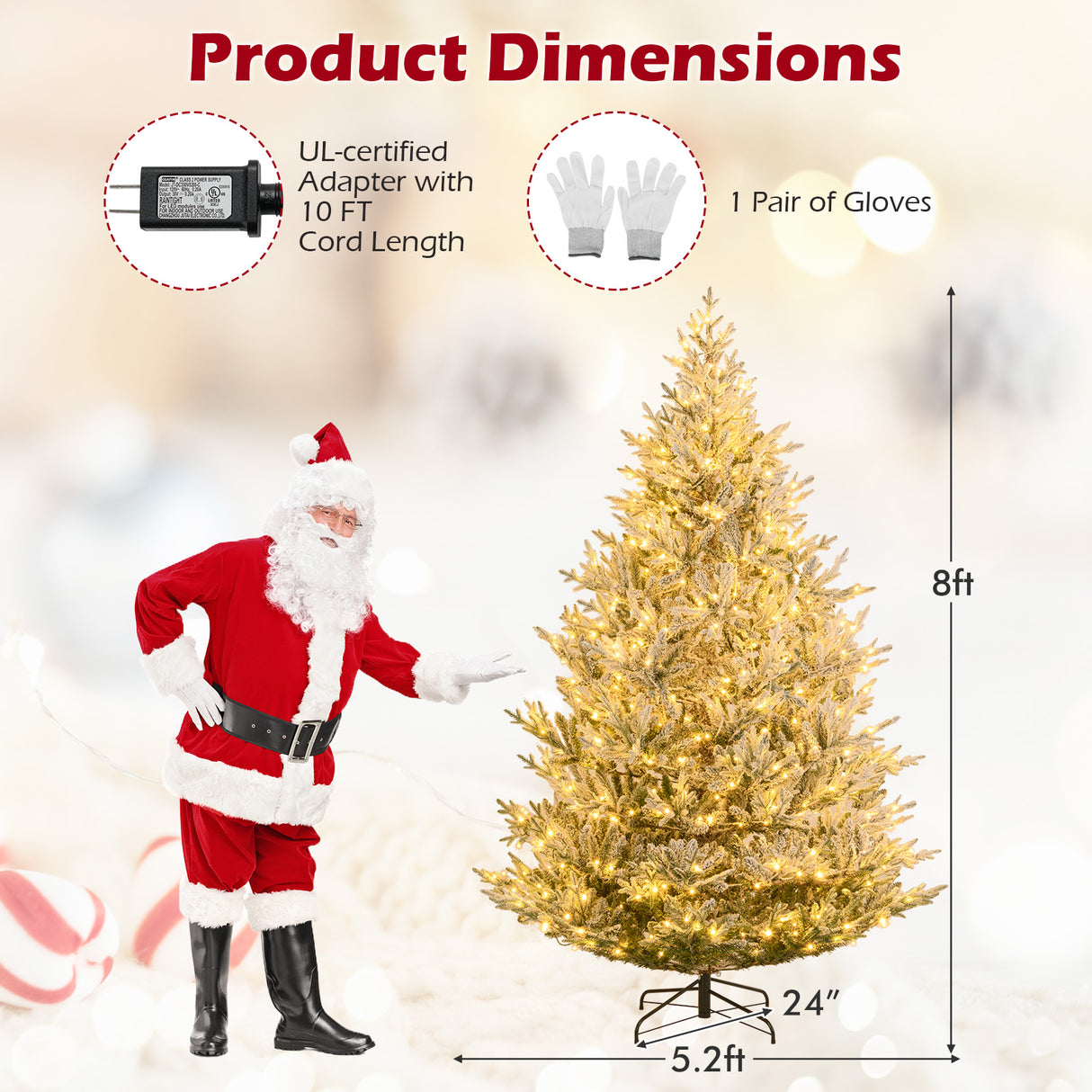 6/7/8 Feet Pre-Lit Artificial Christmas Tree Hinged Snow Flocked Xmas Tree-8 Feet