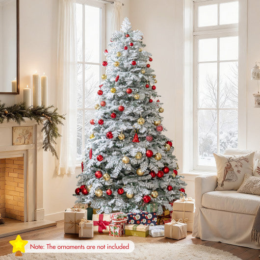 6/7 Feet Artificial Snow-flocked Christmas Tree Pre-lit Hinged Xmas Tree with 130 Twinkle Balls-7 Feet